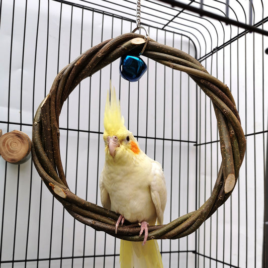 Bird standing frame rattan ring chewing toy for bird cages, made of wood with braided apple branch, available in 15cm and 20cm sizes for small to medium birds.