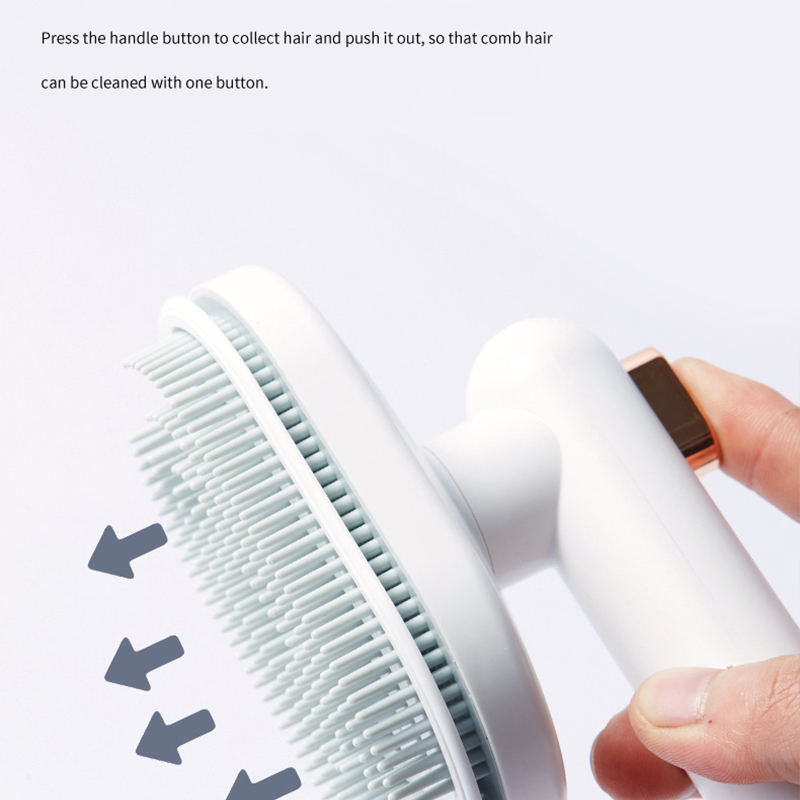 Self-cleaning pet grooming brush for cats and dogs, designed to remove shedding hair and floating fur effortlessly.