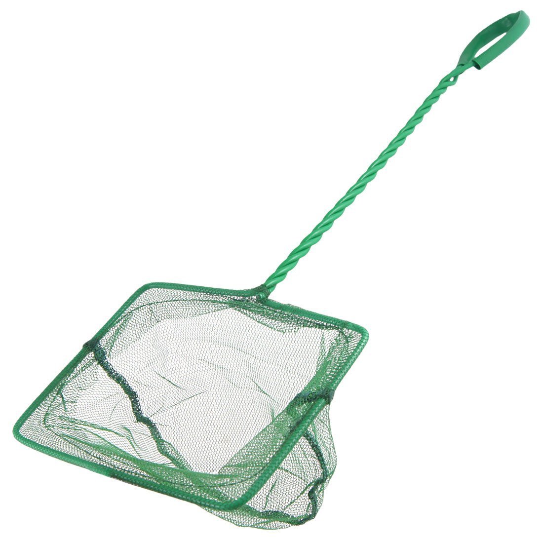 Green plastic fish tank fishing net with telescopic handle, available in various sizes for safe and easy use in aquariums.