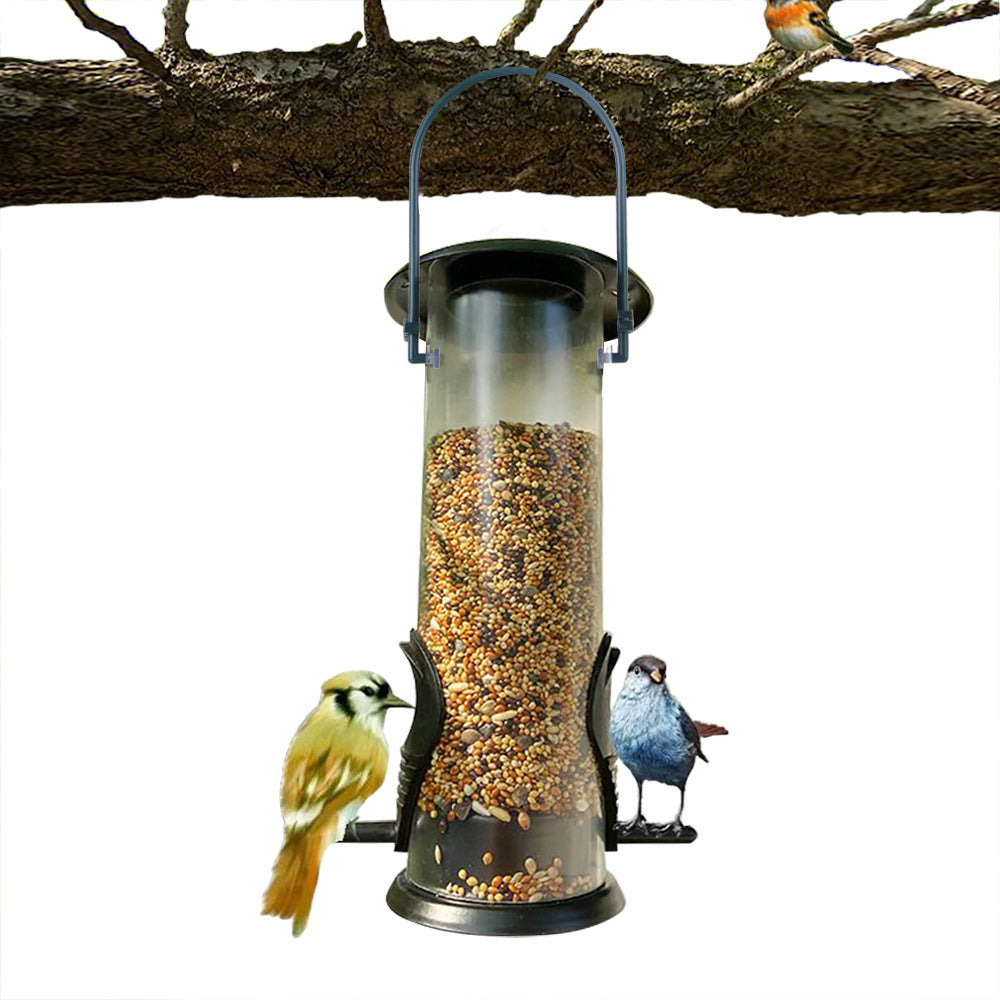 Pet bird feeder hanging in a garden, durable plastic food dispenser for outdoor birds, adding charm and functionality to trees or garden