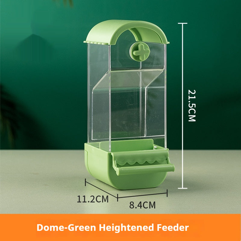 Parrot automatic pet feeder made of plastic and acrylic, available in dome and roof styles with multiple color options, designed for easy and clean feeding.