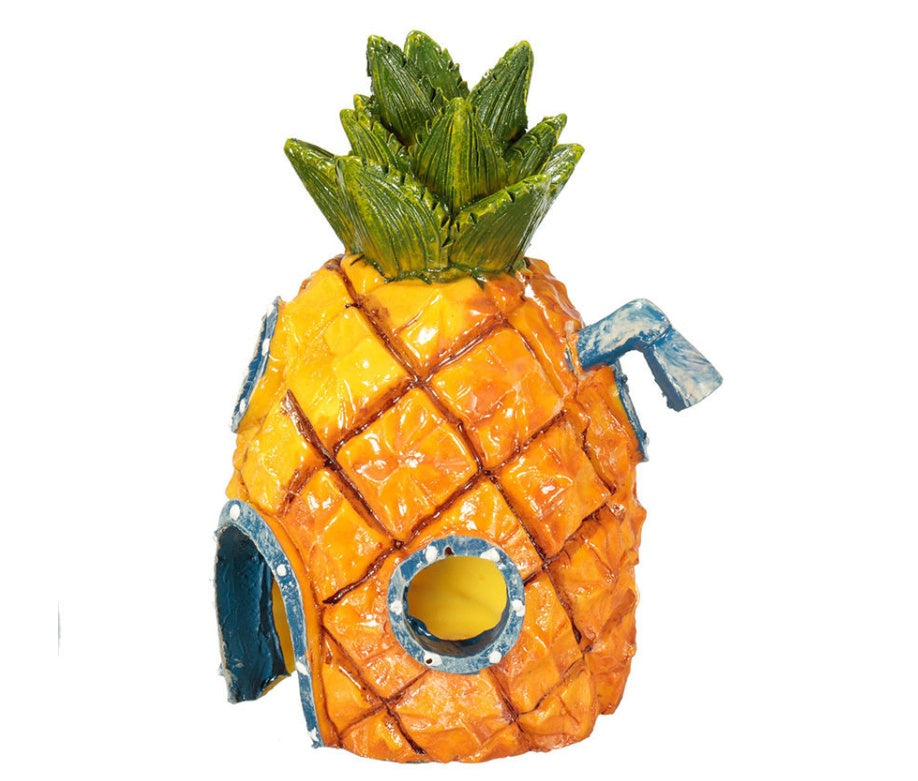 Pineapple Head Room Aquarium Decoration made of safe resin, perfect for adding fun and style to fish tanks and home decor.