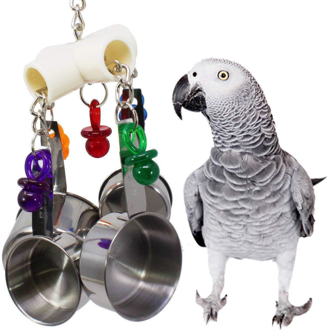 Parrot bite toy made of stainless steel and plastic, featuring four pots on a string for chewing and play, ideal for small to medium-sized birds.