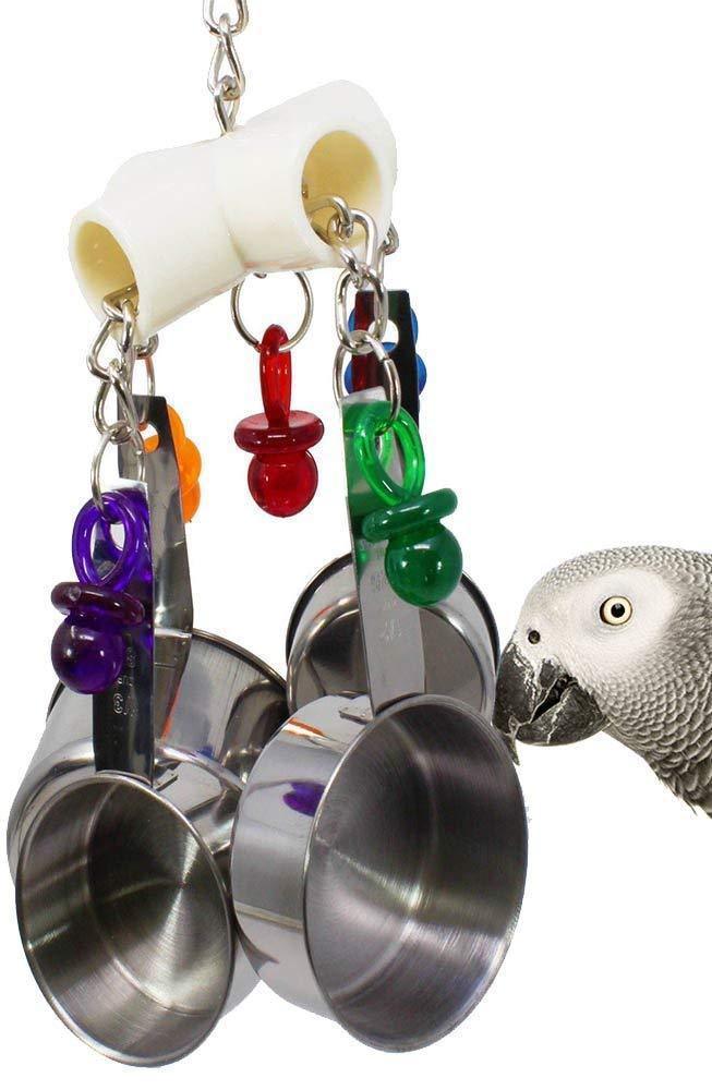 Parrot bite toy made of stainless steel and plastic, featuring four pots on a string for chewing and play, ideal for small to medium-sized birds.