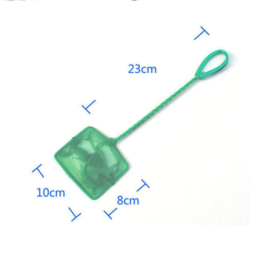 Green plastic fish tank fishing net with telescopic handle, available in various sizes for safe and easy use in aquariums.