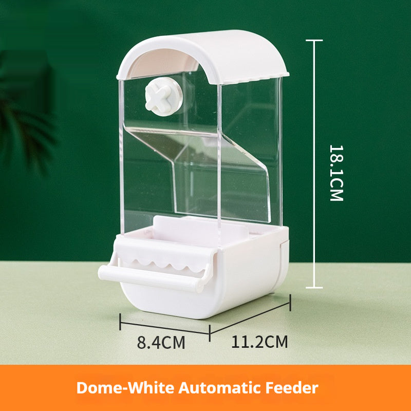 Parrot automatic pet feeder made of plastic and acrylic, available in dome and roof styles with multiple color options, designed for easy and clean feeding.