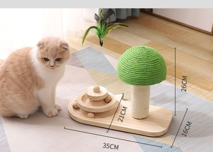 Solid wooden cat tree with sisal balls, interactive toys, and scratching post, designed to promote fitness, fun, and relaxation for cats.