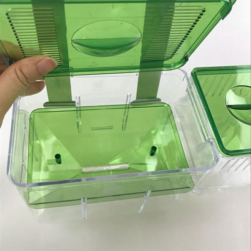 Floating hatching box for guppies, sick fish, and fighting fish with transparent lid, two-way water flow, and feeding hole, ideal for aquariums.