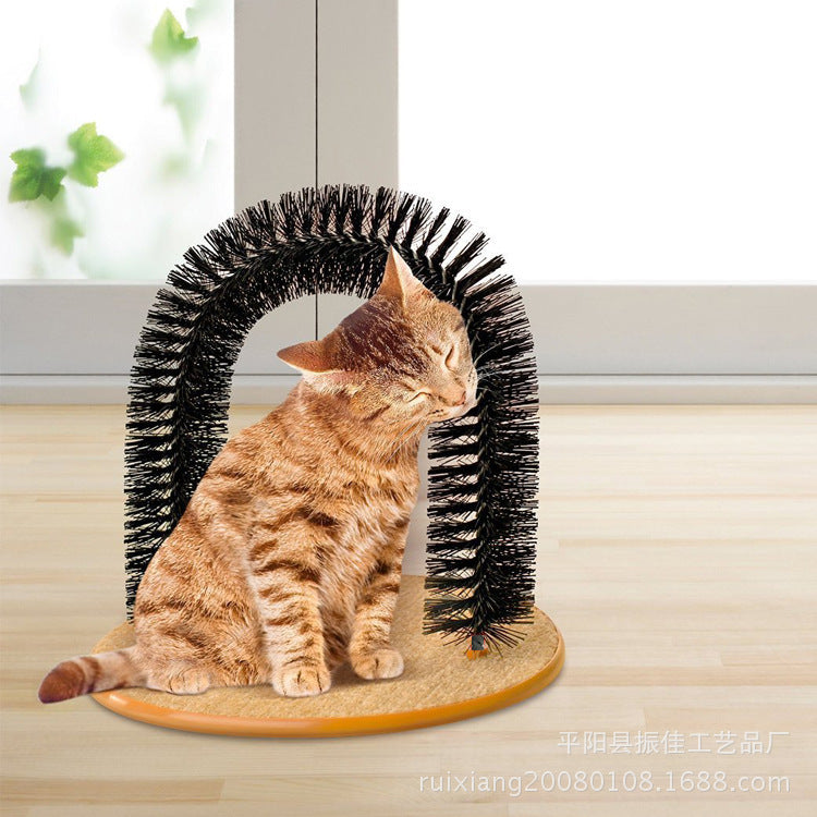 Cat grooming and scratching toy with soft fiber wool arch, plush mouse toy, and carpet base to reduce hair loss and prevent hairballs.