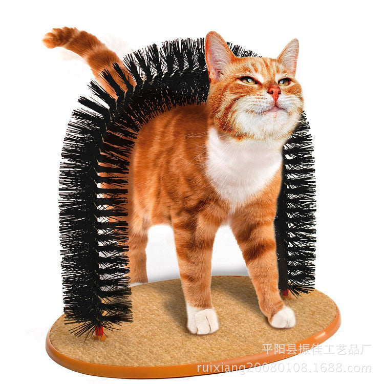 Cat grooming and scratching toy with soft fiber wool arch, plush mouse toy, and carpet base to reduce hair loss and prevent hairballs.