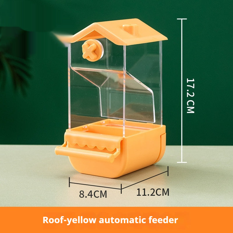 Parrot automatic pet feeder made of plastic and acrylic, available in dome and roof styles with multiple color options, designed for easy and clean feeding.