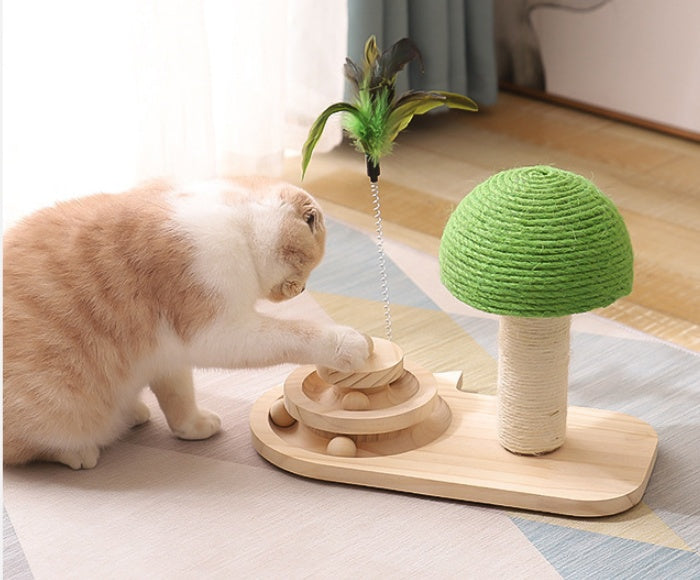 Solid wooden cat tree with sisal balls, interactive toys, and scratching post, designed to promote fitness, fun, and relaxation for cats.