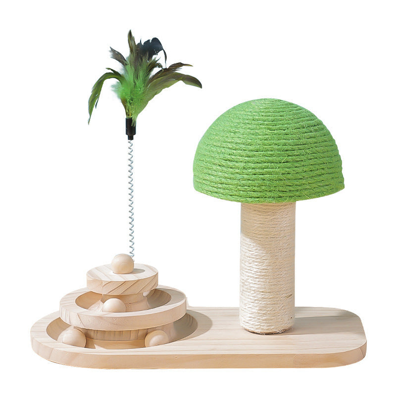 Solid wooden cat tree with sisal balls, interactive toys, and scratching post, designed to promote fitness, fun, and relaxation for cats.