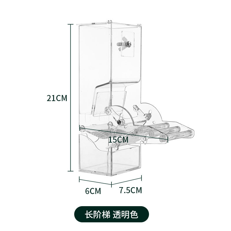 Parrot automatic pet feeder made of plastic and acrylic, available in dome and roof styles with multiple color options, designed for easy and clean feeding.