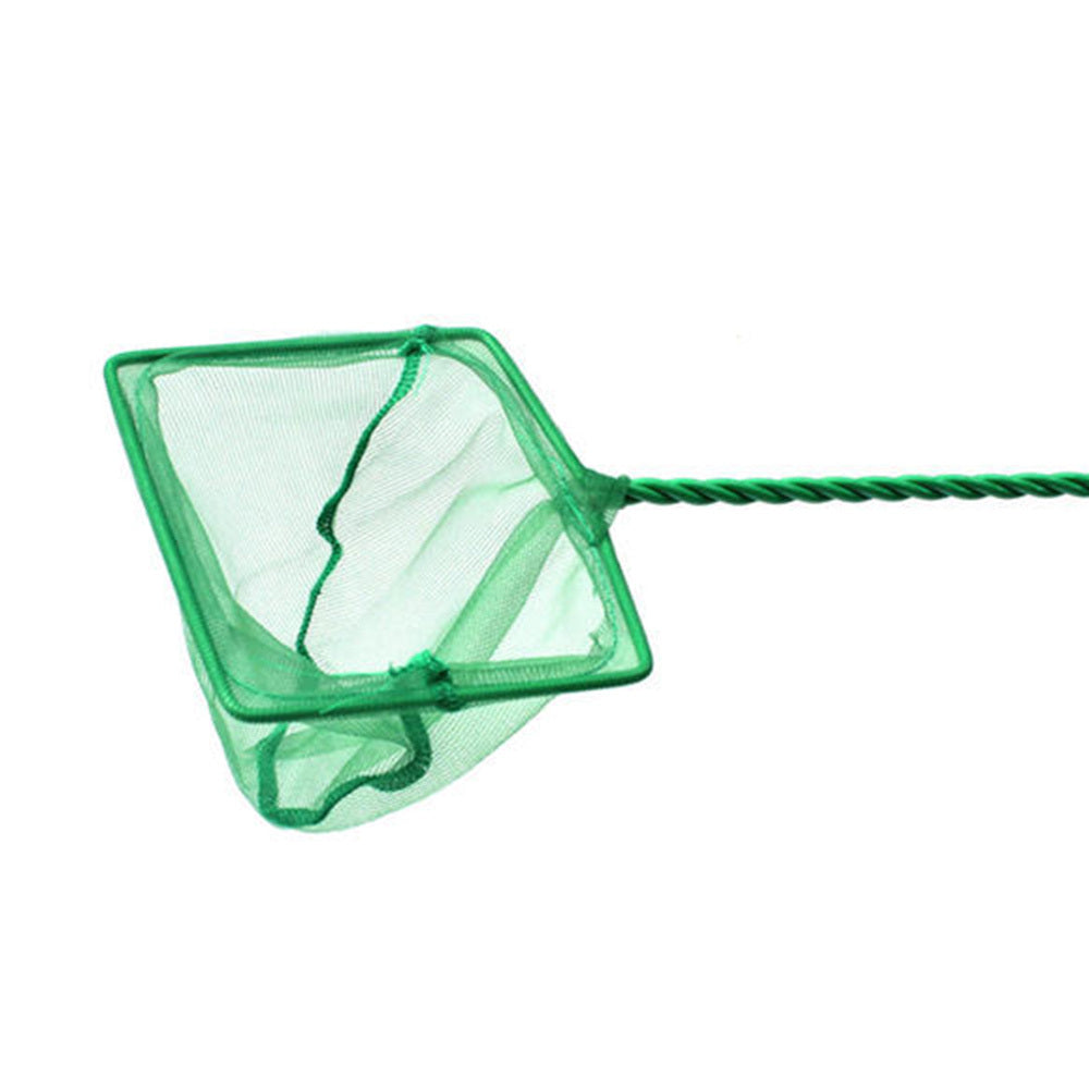 Green plastic fish tank fishing net with telescopic handle, available in various sizes for safe and easy use in aquariums.