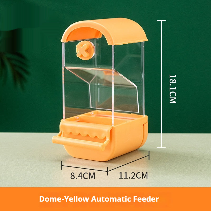 Parrot automatic pet feeder made of plastic and acrylic, available in dome and roof styles with multiple color options, designed for easy and clean feeding.