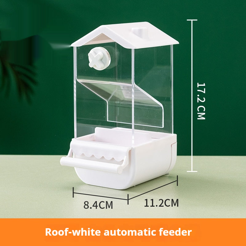 Parrot automatic pet feeder made of plastic and acrylic, available in dome and roof styles with multiple color options, designed for easy and clean feeding.