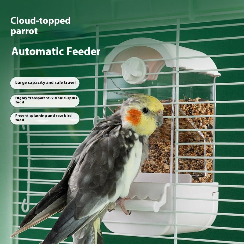 Parrot automatic pet feeder made of plastic and acrylic, available in dome and roof styles with multiple color options, designed for easy and clean feeding.