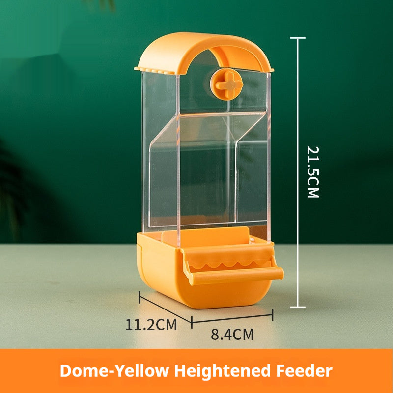 Parrot automatic pet feeder made of plastic and acrylic, available in dome and roof styles with multiple color options, designed for easy and clean feeding.