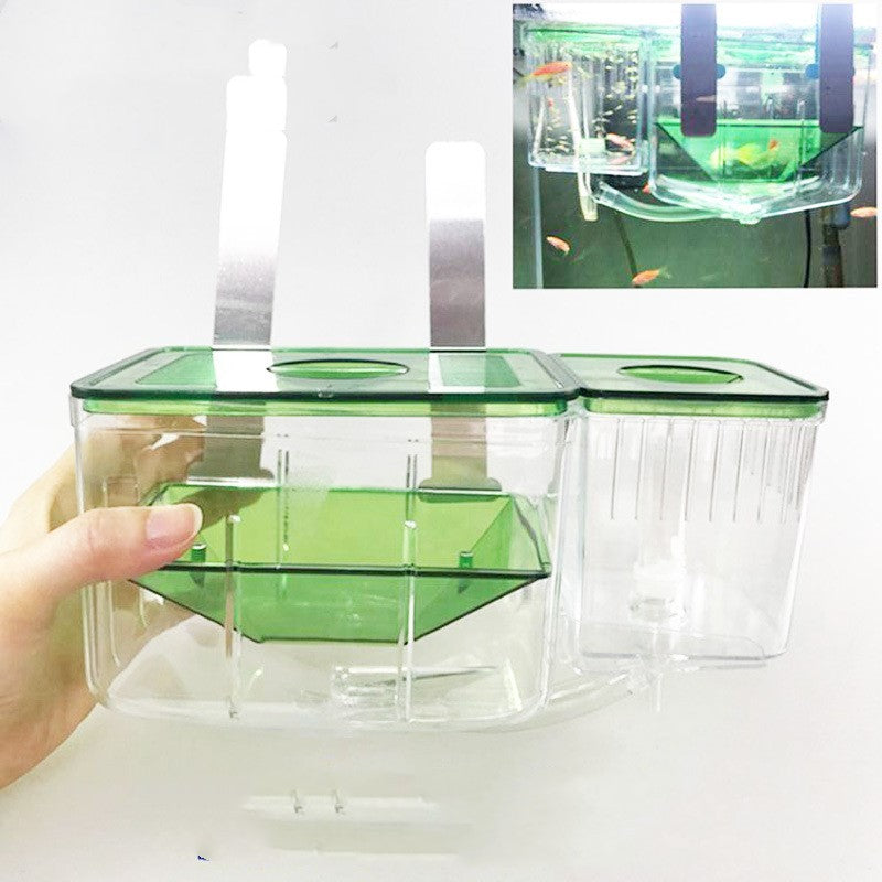 Floating hatching box for guppies, sick fish, and fighting fish with transparent lid, two-way water flow, and feeding hole, ideal for aquariums.