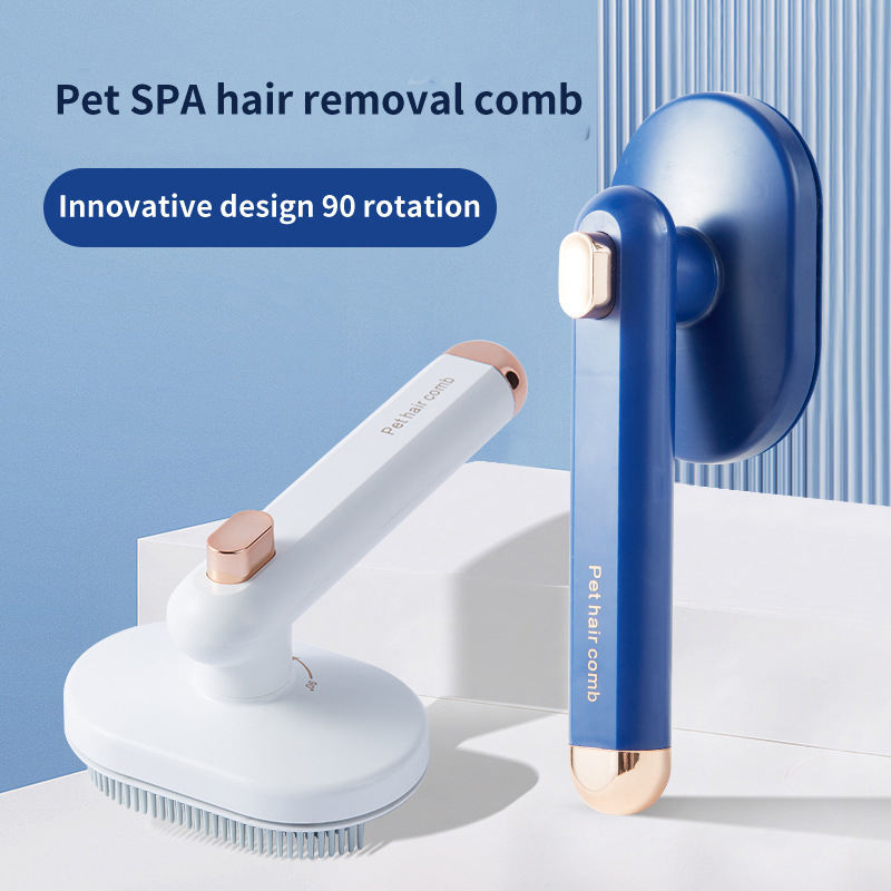 Self-cleaning pet grooming brush for cats and dogs, designed to remove shedding hair and floating fur effortlessly.