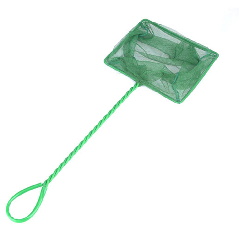 Green plastic fish tank fishing net with telescopic handle, available in various sizes for safe and easy use in aquariums.