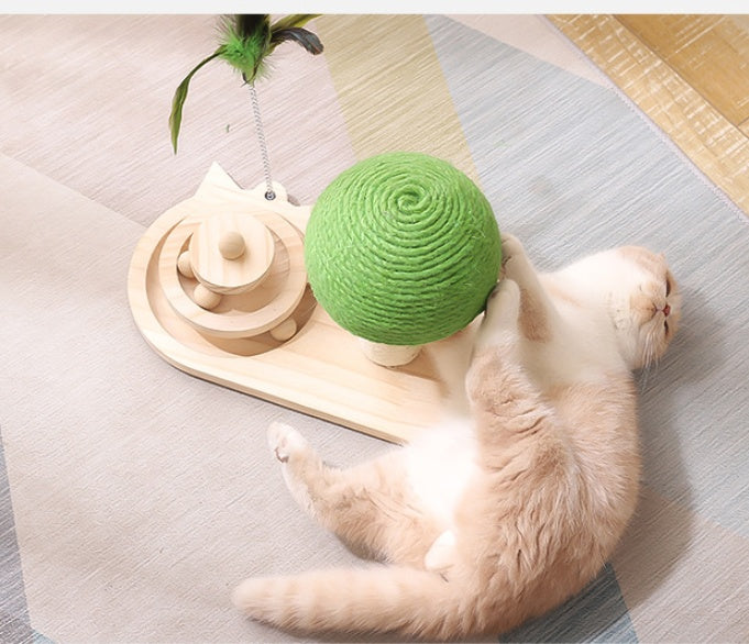 Solid wooden cat tree with sisal balls, interactive toys, and scratching post, designed to promote fitness, fun, and relaxation for cats.