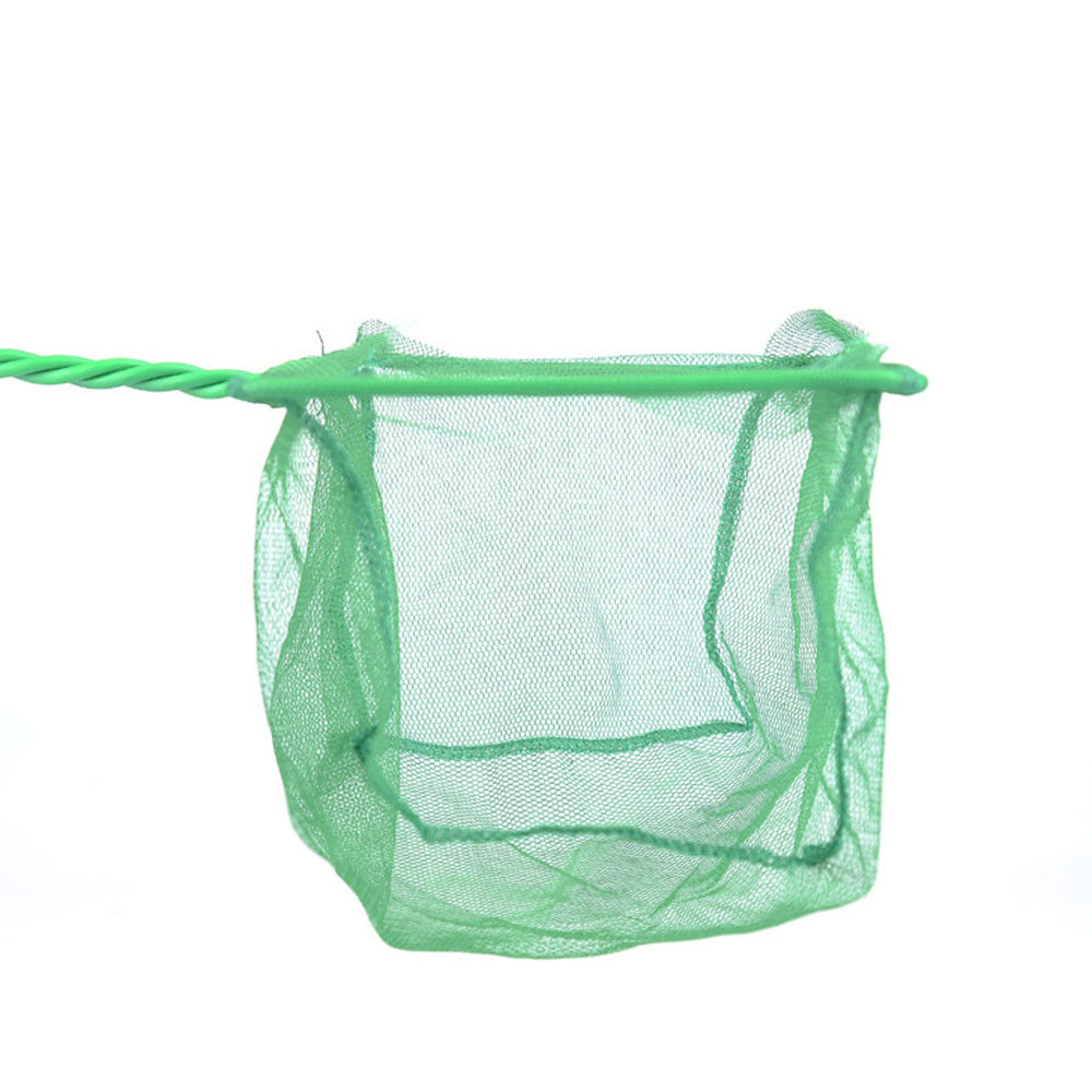 Green plastic fish tank fishing net with telescopic handle, available in various sizes for safe and easy use in aquariums.