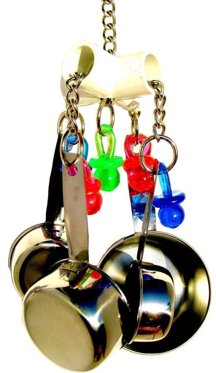 Parrot bite toy made of stainless steel and plastic, featuring four pots on a string for chewing and play, ideal for small to medium-sized birds.