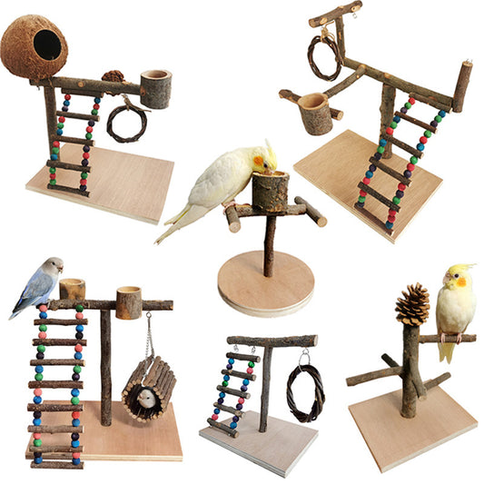 Solid wood parrot station frame, bird training shelf for perching and play, available in multiple sizes, durable and perfect for parrots' enrichment.