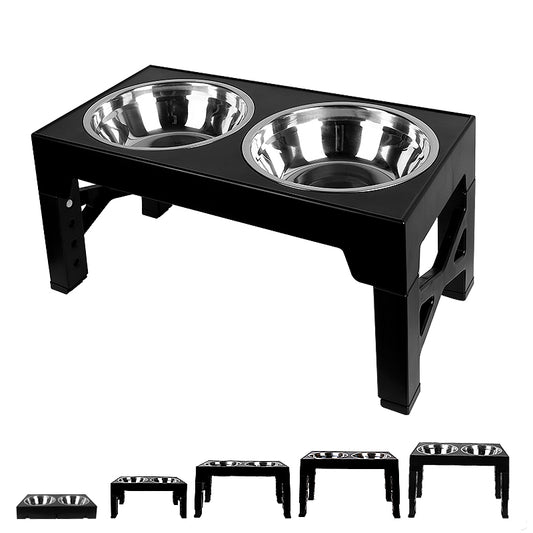 Elevated Dog Bowls 5 Height Adjustable Stand Raised dog bowl with Double Stainless Steel Bowls for Small Medium Large Dogs - Black - Claw Collections Uk 