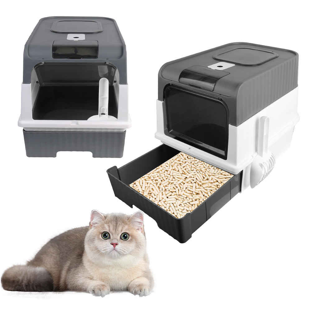 Large Cat Litter Box Anti-Splashing Cat Potty Tray Self Cleaning Pan Drawer - Grey - Claw Collections Uk 