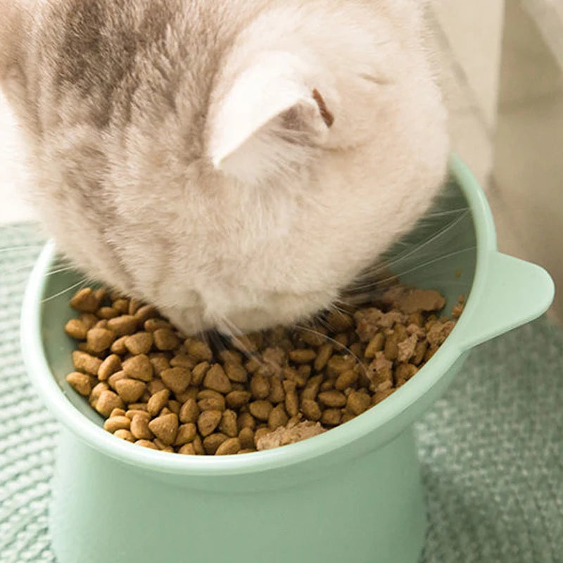 Pet food bowl with antichoking and antidumping design for dogs and cats, featuring a high bottom neck protector for safe and comfortable feeding.