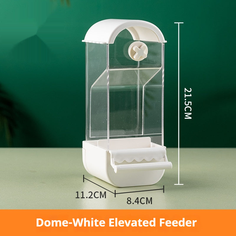 Parrot automatic pet feeder made of plastic and acrylic, available in dome and roof styles with multiple color options, designed for easy and clean feeding.