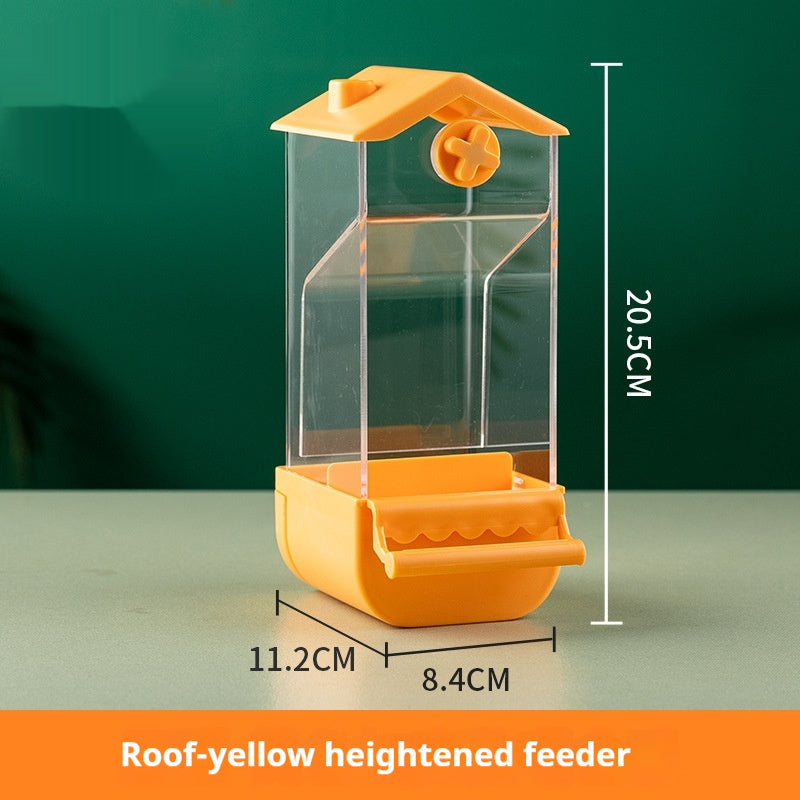 Parrot automatic pet feeder made of plastic and acrylic, available in dome and roof styles with multiple color options, designed for easy and clean feeding.