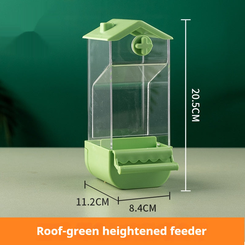 Parrot automatic pet feeder made of plastic and acrylic, available in dome and roof styles with multiple color options, designed for easy and clean feeding.