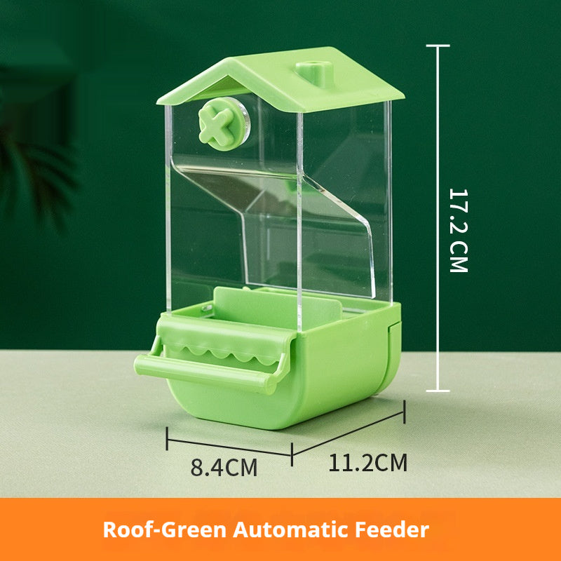 Parrot automatic pet feeder made of plastic and acrylic, available in dome and roof styles with multiple color options, designed for easy and clean feeding.