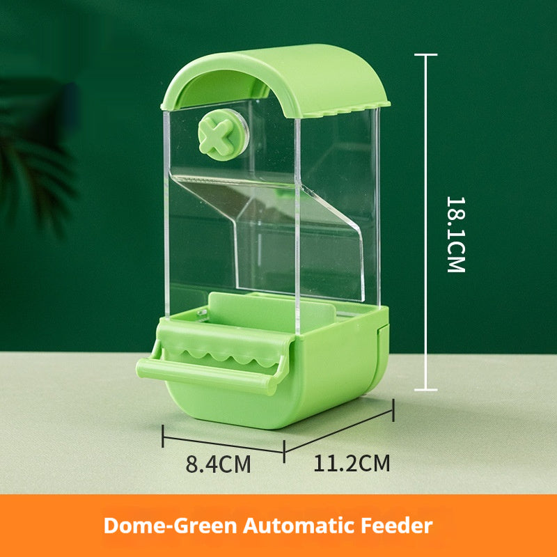 Parrot automatic pet feeder made of plastic and acrylic, available in dome and roof styles with multiple color options, designed for easy and clean feeding.